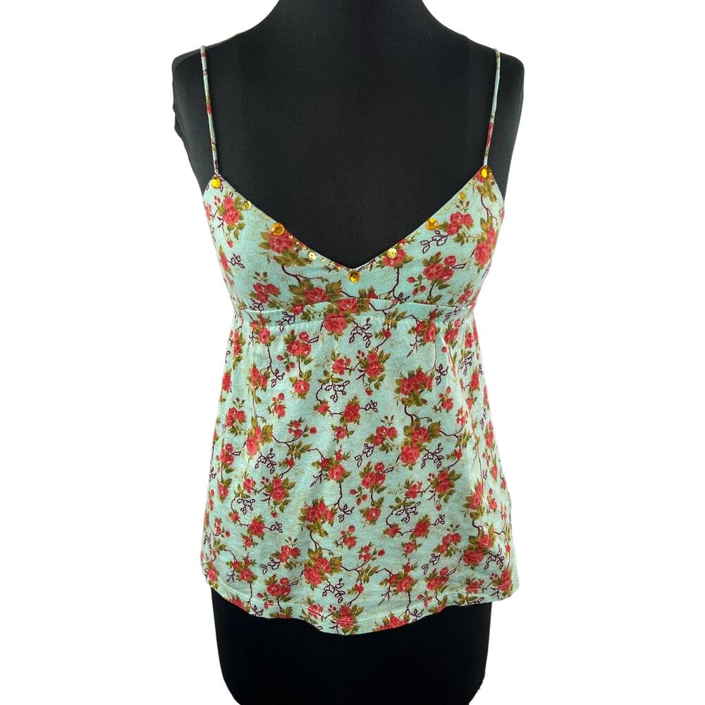 FREE PEOPLE Mint Green Floral Beaded Rhinestone Cotton V-Neck Cami Tank Top S